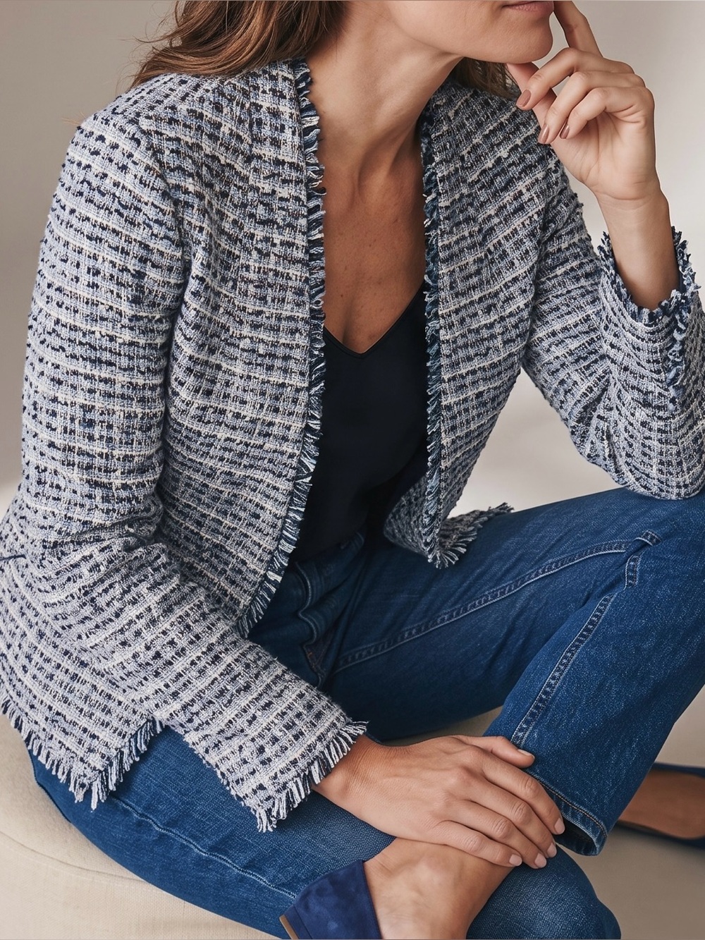 Banana Republic Metallic Tweed Fringe Open Drape Blazer Jacket Size 6
